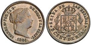 1864. Isabel II. Segovia. 5 céntimos de ... 