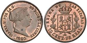 1860. Isabel II. Segovia. 10 céntimos de ... 