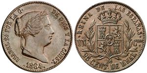 1864. Isabel II. Barcelona. 25 céntimos de ... 