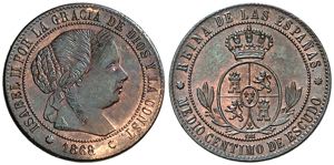 1868. Isabel II. Barcelona. OM. 1/2 céntimo ... 