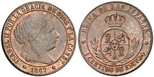 1867. Isabel II. Barcelona. OM. 1 céntimo ... 