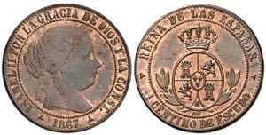 1867. Isabel II. Segovia. OM. 1 céntimo de ... 
