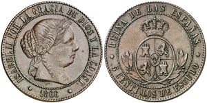 1866. Isabel II. Barcelona. 5 céntimos de ... 