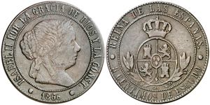 1866. Isabel II. Barcelona. OM. 5 céntimos ... 