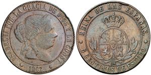 1867. Isabel II. Barcelona. OM. 5 céntimos ... 