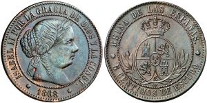 1868. Isabel II. Barcelona. OM. 5 céntimos ... 