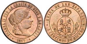 1867. Isabel II. Sevilla. OM. 5 céntimos de ... 