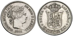 1865. Isabel II. Sevilla. 10 céntimos de ... 