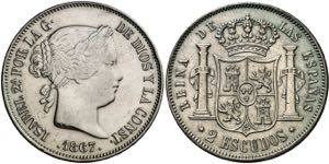 1867. Isabel II. Madrid. 2 escudos. (AC. ... 