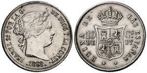 1868. Isabel II. Manila. 10 centavos. (AC. ... 