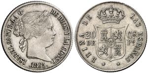 1865. Isabel II. Manila. 20 centavos. (AC. ... 