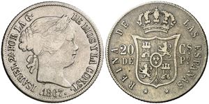 1867. Isabel II. Manila. 20 centavos. (AC. ... 