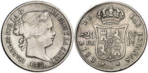 1868. Isabel II. Manila. 20 centavos. (AC. ... 