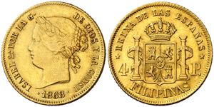 1868. Isabel II. Manila. 4 pesos. (AC. 865). ... 