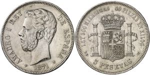1871*1874. Amadeo I. DEM/SDM. 5 pesetas. ... 