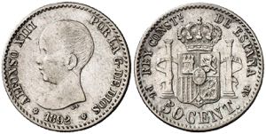 1892/89*22. Alfonso XIII. PGM. 50 céntimos. ... 