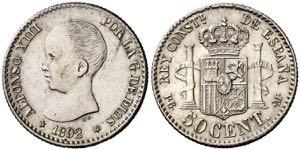 1892/89*82. Alfonso XIII. PGM. 50 céntimos. ... 