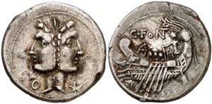 (hacia 114-113 a.C.). Gens Fonteia. Denario. ... 