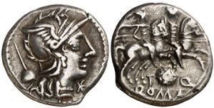 (hacia 126 a.C.). Gens Quinctia. Denario. ... 