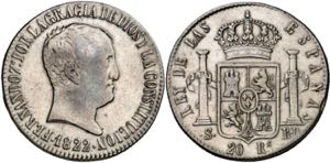 1822. Fernando VII. Sevilla. RD. 20 reales. ... 