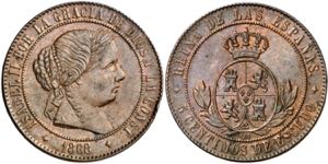 1868. Isabel II. Jubia. OM. 5 céntimos de ... 