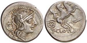 (hacia 128 a.C.). Gens Cloulia. Denario. ... 
