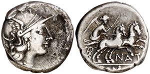 (hacia 155 a.C.). Gens Pinaria. Denario. ... 