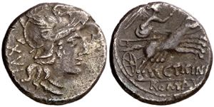 (hacia 141 a.C.). Gens Titinia. Denario. ... 