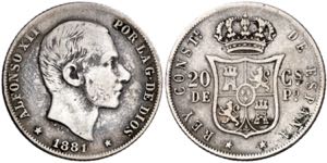 1881/0. Alfonso XII. Manila. 20 centavos. ... 