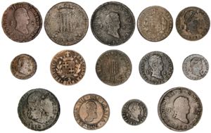 Fernando VII. Lote de 14 monedas de cobre. A ... 