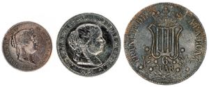 Isabel II. Lote de 3 monedas de cobre. A ... 