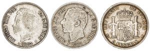 Alfonso XII y XIII. 5 pesetas. Lote de 3 ... 