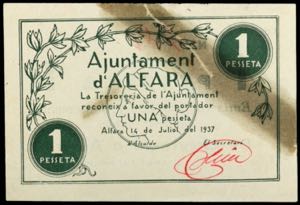 Alfara. 1 peseta. (T. 119b). Roto y pegado. ... 