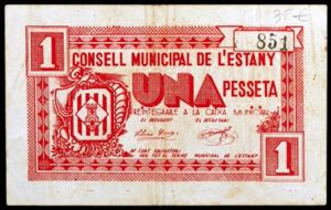 Estany, L. 1 peseta. (T. 1115). Único ... 