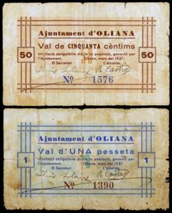 Oliana. 50 céntimos y 1 peseta. (T. 1935 y ... 