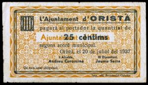 Oristà. 25 céntimos. (T. 1976a). Escaso. ... 