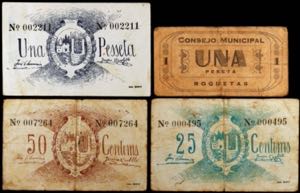 Roquetes. 25 (dos), 50 céntimos y 1 peseta ... 