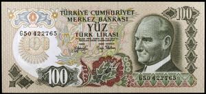 Turquía. L. 1970 (1972). Banco Central. 100 ... 