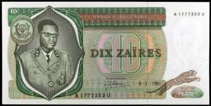 Zaire. 1981. Banco de Zaire. 10 zaires. ... 