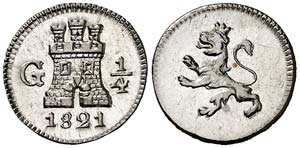 1821. Fernando VII. Guatemala. 1/4 de real. ... 