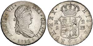 1826. Fernando VII. Sevilla.  JB. 2 reales. ... 
