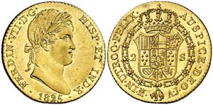 1825. Fernando VII. Madrid. AJ. 2 escudos. ... 