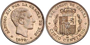 1878. Alfonso XII. Barcelona. . 5 céntimos. ... 