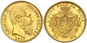Bélgica. 1876. Leopoldo II. 20 francos. ... 