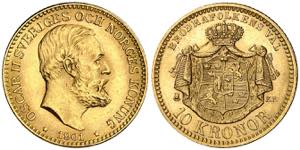Suecia. 1901. Óscar II. EB. 10 coronas. ... 