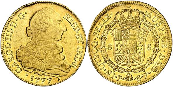 1777. Carlos III. Popayán. SF. 8 escudos. ... 