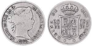 1868. Isabel II. Manila. 20 centavos. (AC. ... 