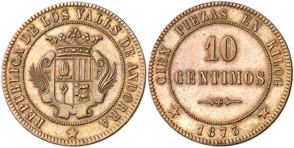 1873. Andorra. 10 céntimos. (AC. 2). Rara. ... 