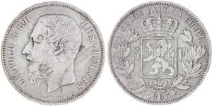 Bélgica. 1867. Leopoldo II. 5 francos. ... 