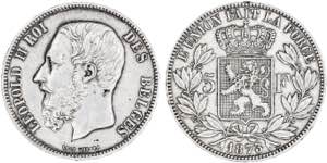 Bélgica. 1873. Leopoldo II. 5 francos. (Kr. ... 